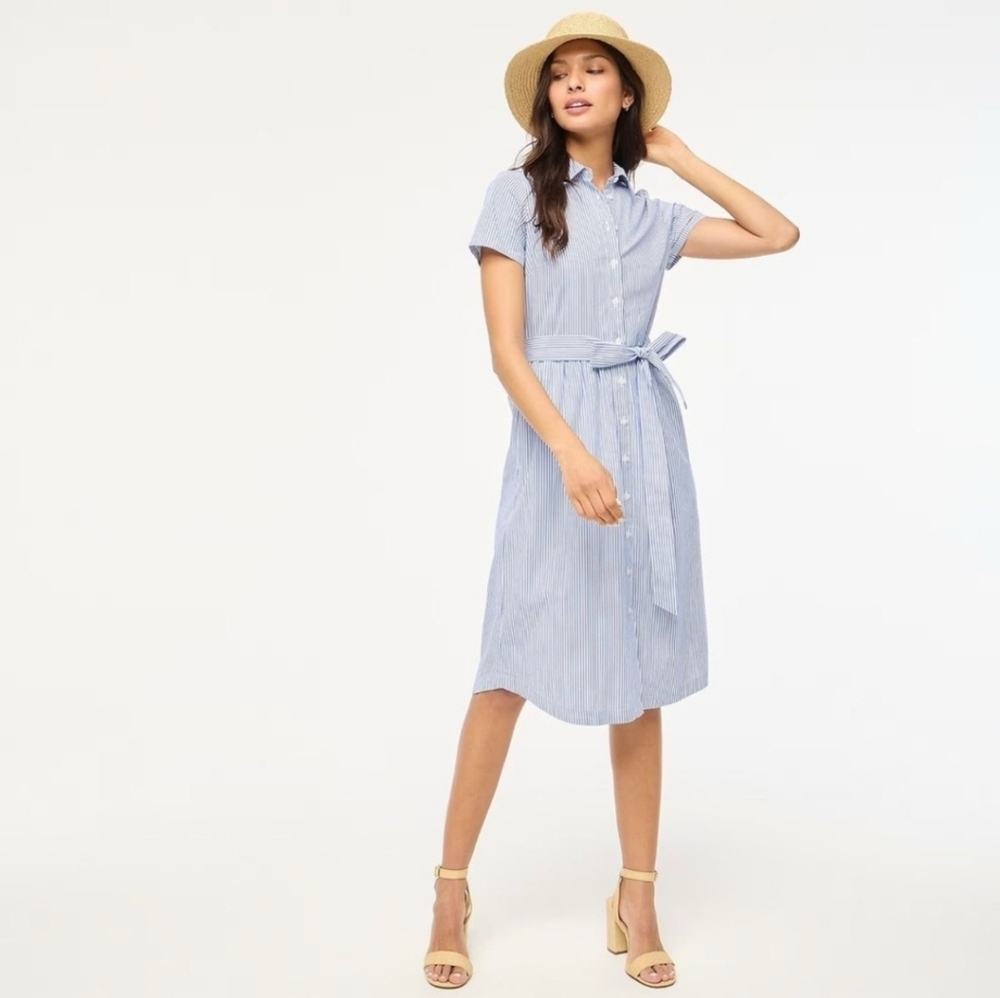 J. Crew Factory Women's Blue Striped Short-Sleeve Midi Shirtdress, size 0. - Picture 2 of 3